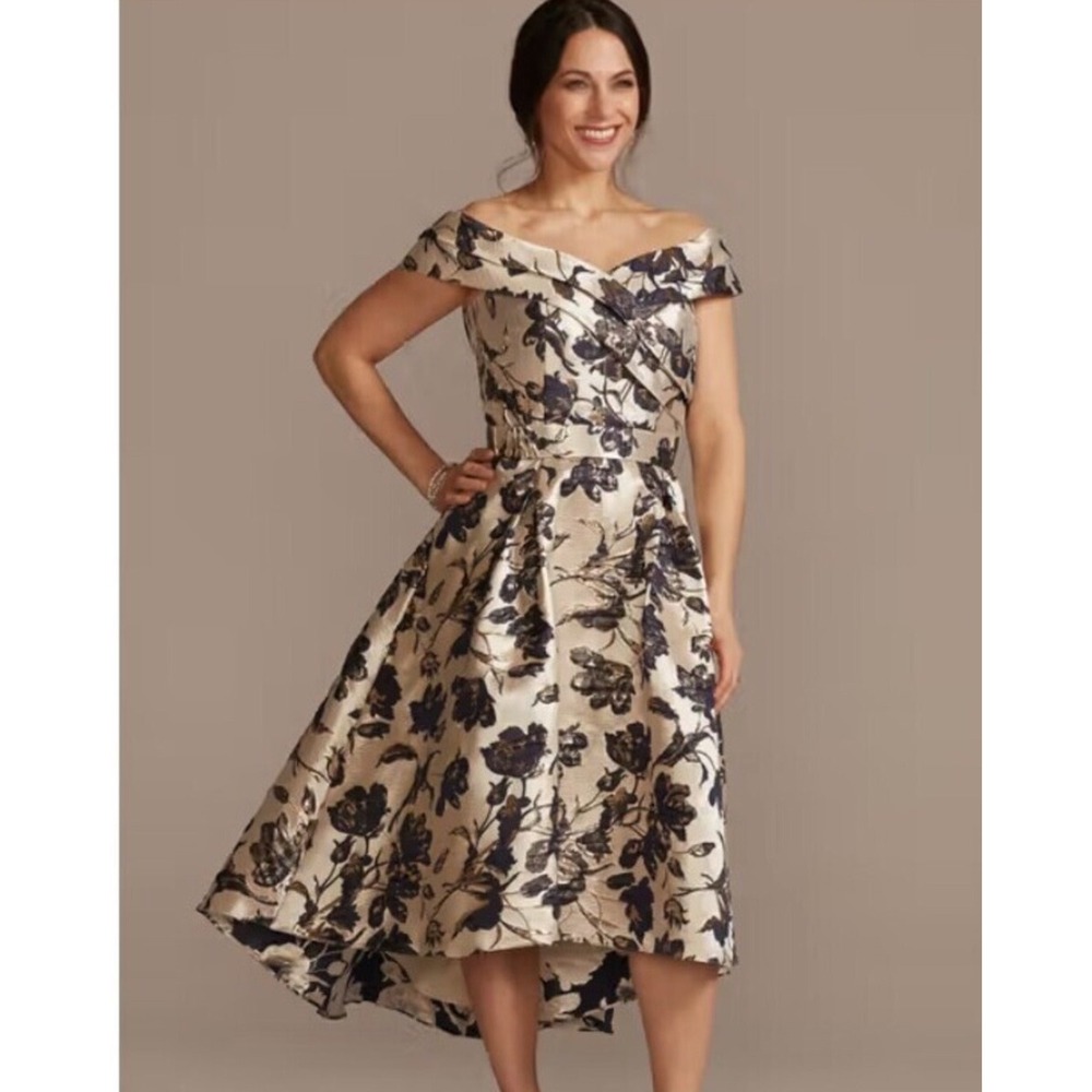 Oleg Cassini Metallic Floral Brocade Off Shoulder High Low Dress Navy Gold 8